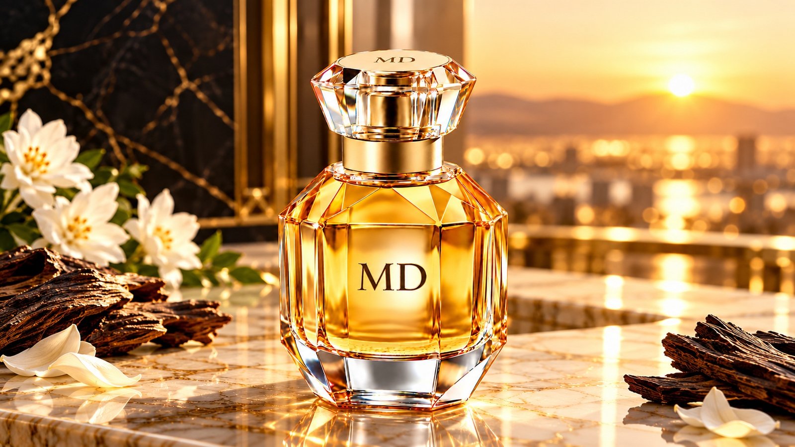 Luxury commercial perfume flacon campaign visual on travertine