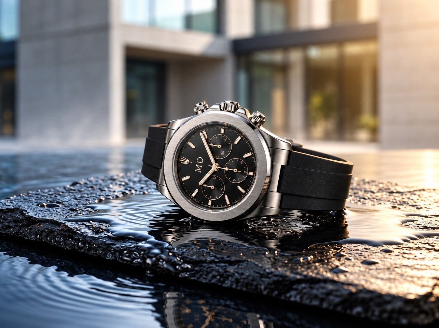 Smartwatch on wet stone with hydro ripples